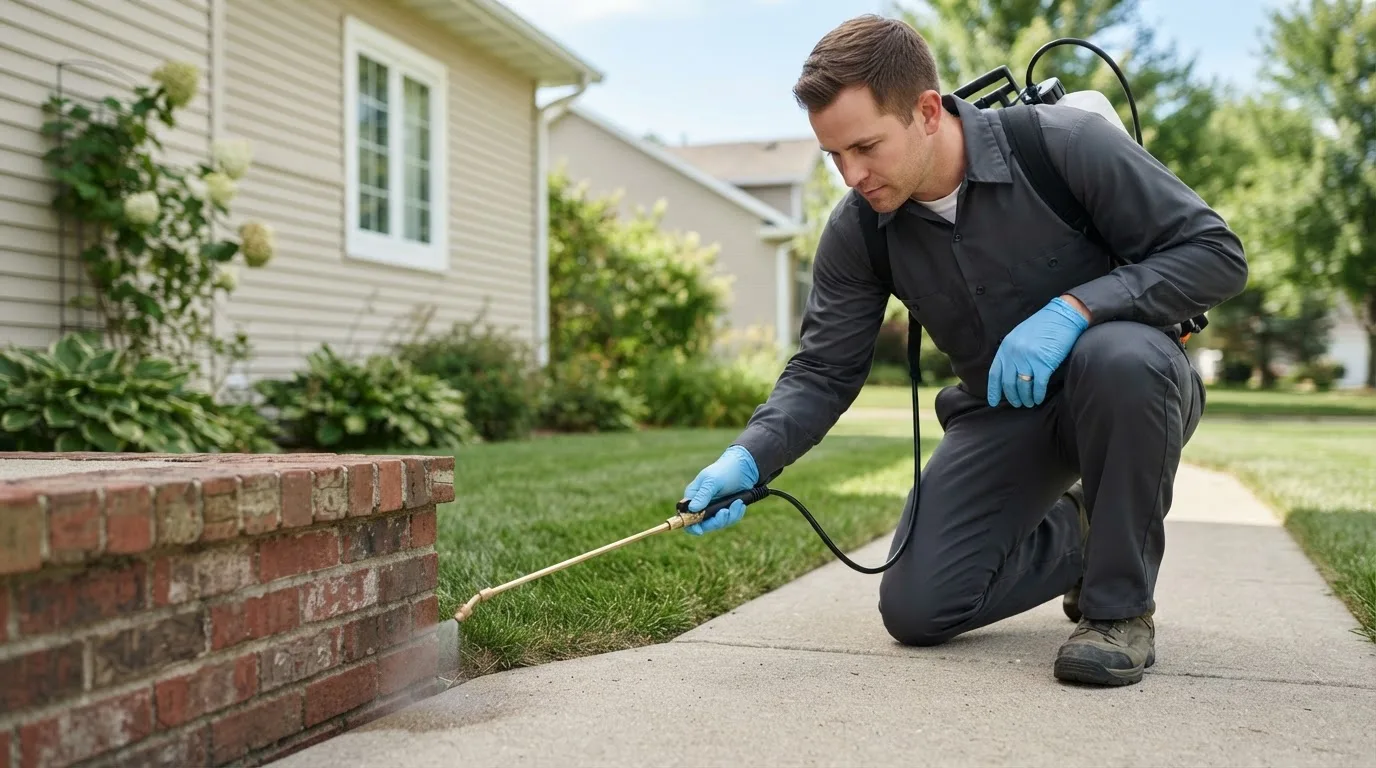 Pest control technician treating a home near Corry, PA